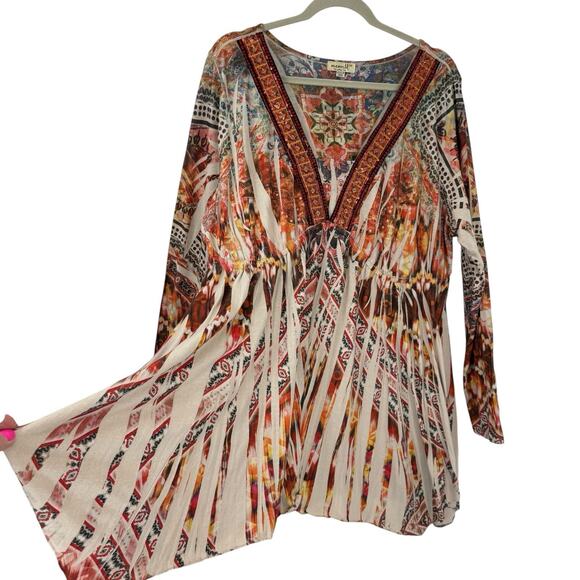 One World tunic Top Plus size 2X Sequin V Neck Long Sleeve boho Pattern - Picture 2 of 9